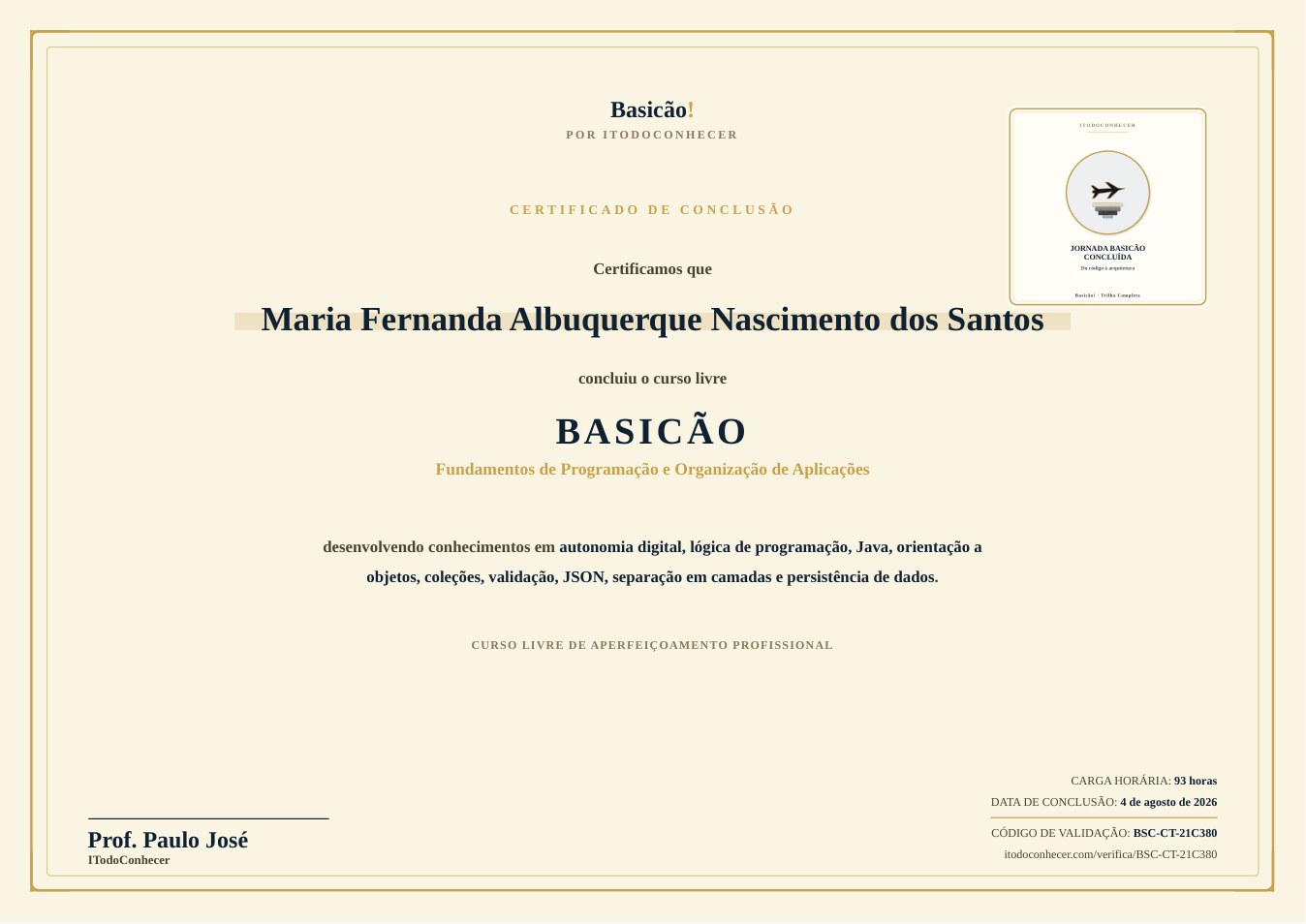 Exemplo do diploma de conclusão do Basicão com código de validação
